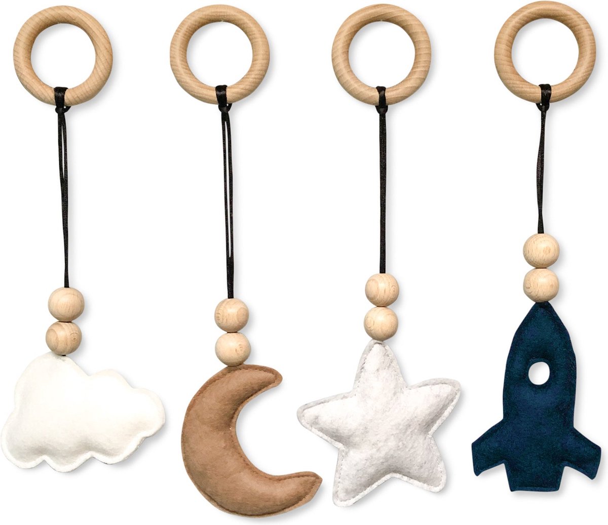 Hangers babygym ruimte - vilt en houten kralen | Speeltjes playgym | toddie.nl